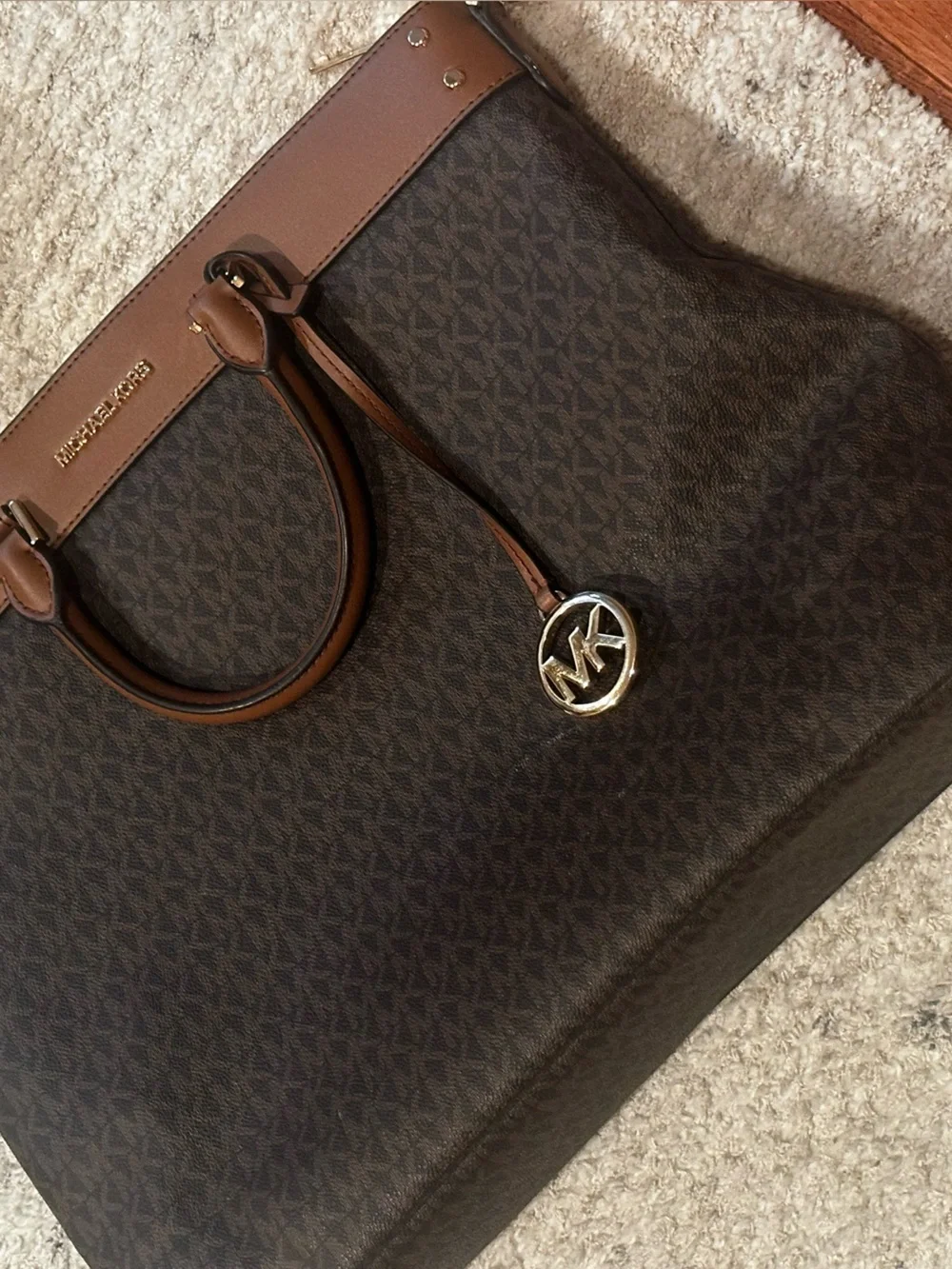 Michael Kors Gold Logo & Brown Leather Messenger with Beige Strap